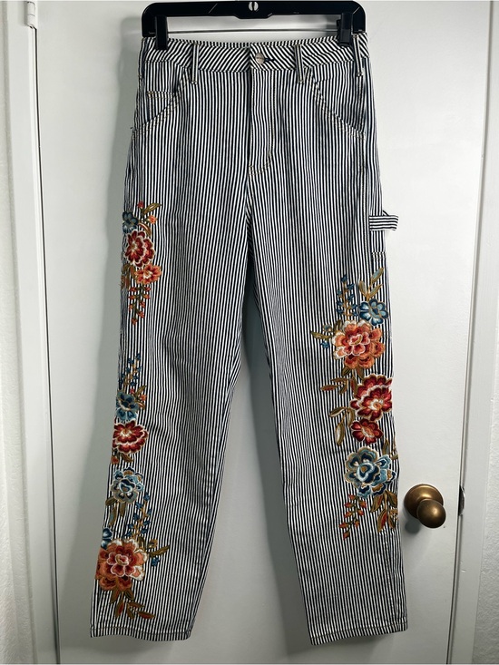 DRIFTWOOD Denim - DRIFTWOOD Navy White Striped Floral Carpenter Pants 27 Embroidered Boho Railroad